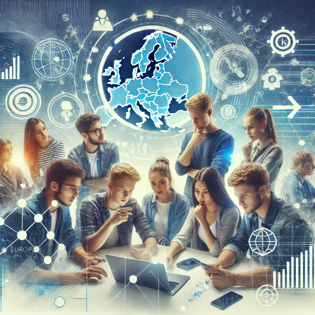 Young entrepreneurs collaborating in a European context with digital and business elements.