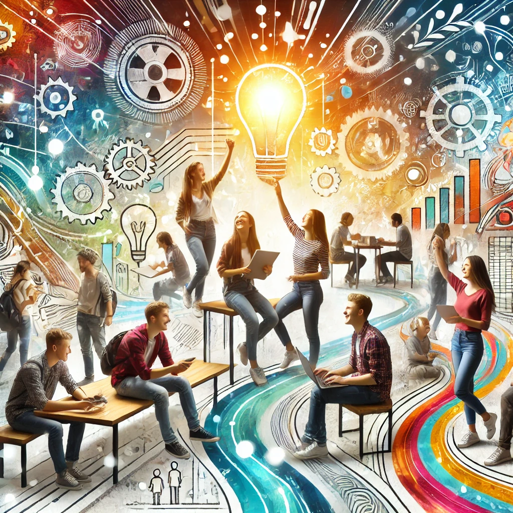 Joyful young adults collaborating and brainstorming in a vibrant, dynamic setting, representing youth engagement in career orientation and entrepreneurship.